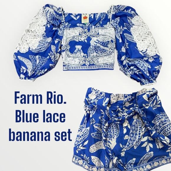 FARM Rio | Shorts | Farm Rio Rare Blue Banana Print White Lace Puff ...